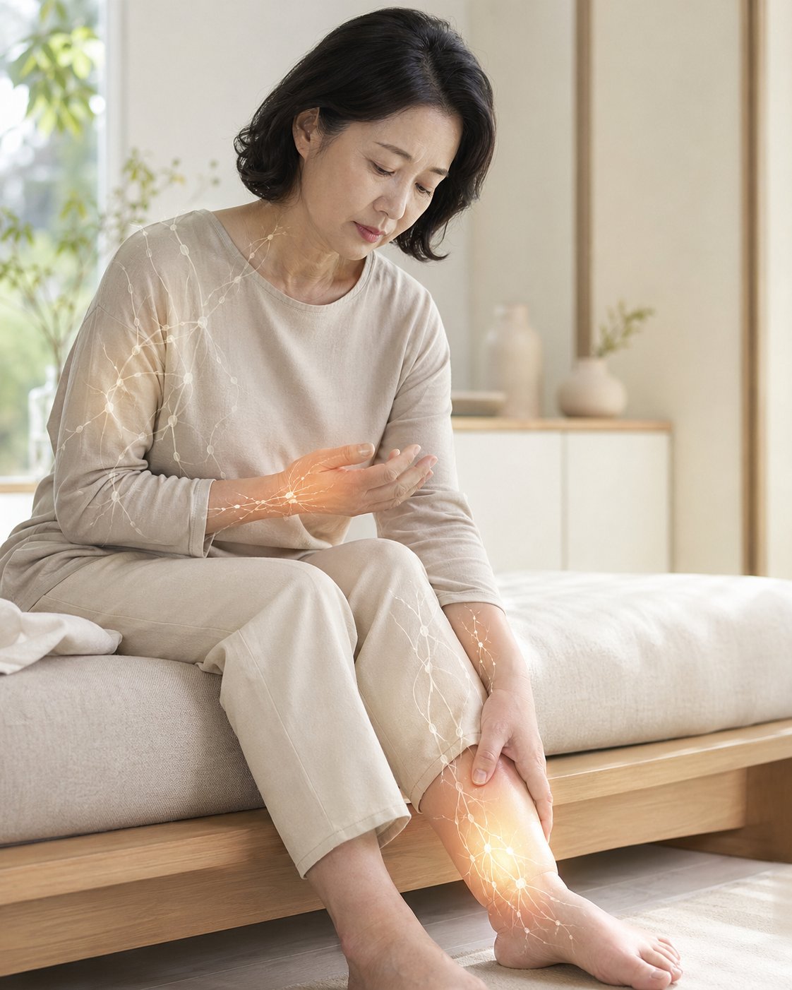 팔과 다리에 면역 네트워크가 흐릿하게 표현된 여성 — 항암 후 면역력 저하·부종 컨셉