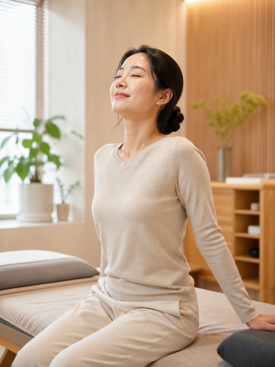치료 후 가벼워진 몸으로 깊게 호흡하는 여성 — 전신 기혈 순환과 활력 회복 컨셉